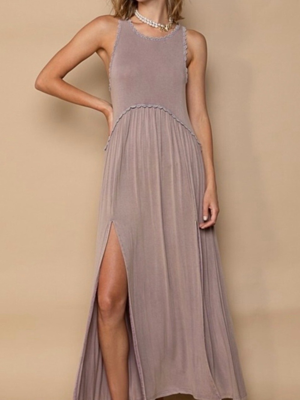 POL Sleeveless Taupe Maxi Dress with High Side Slit